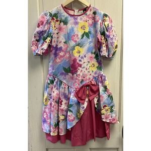 Vintage 90s Picture Me Pink Floral Drop Waist Dress Puff Sleeve Juniors 5